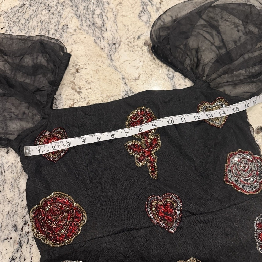 ASOS Black Rose Appliqué Puff Sleeve Bodycon Mini Dress NWT size 12 Fits Like S - Picture 11 of 16